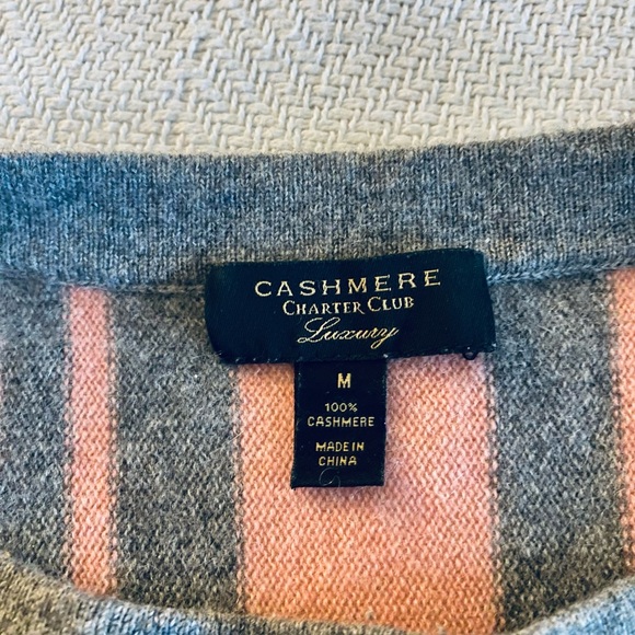 Medium Cashmere Crewneck Sweater in Heather Gray w/ Pink Stripes - Picture 6 of 6